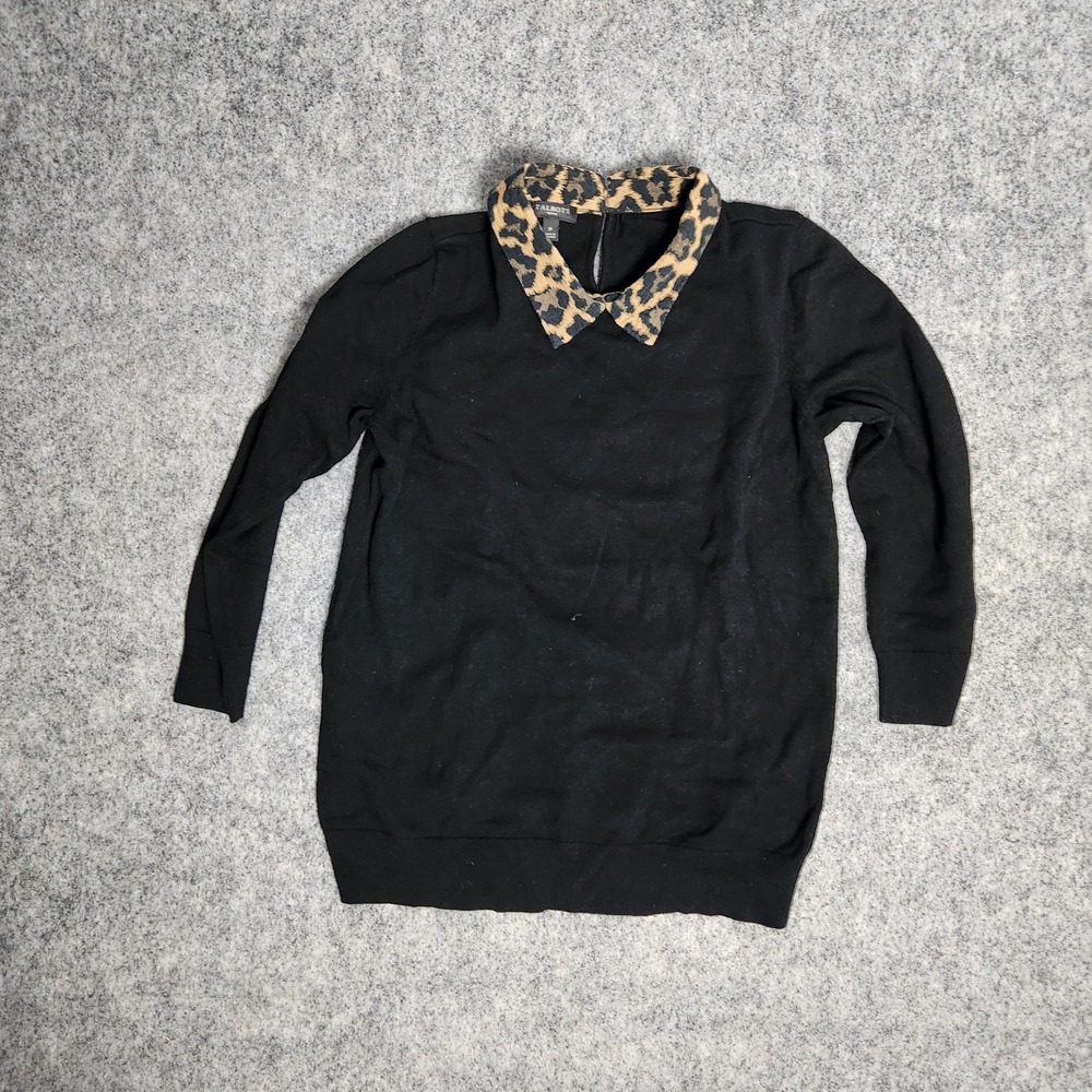 Talbots Petite Pullover Shirt Women P Black Leopard Print Trim Long Sleeve‎ Top